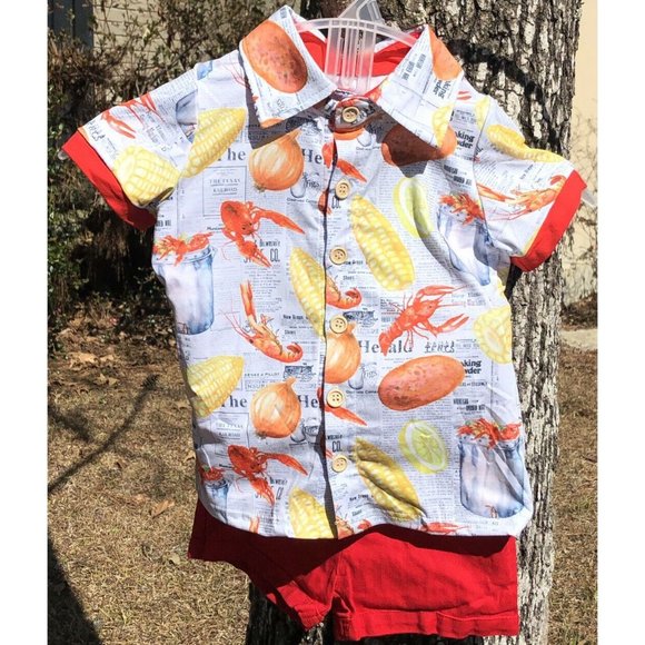 12-18M Top & Shorts Set Top Cajun Shrimp Potatoes Corn in Stock Pot Red Shorts - Picture 3 of 6